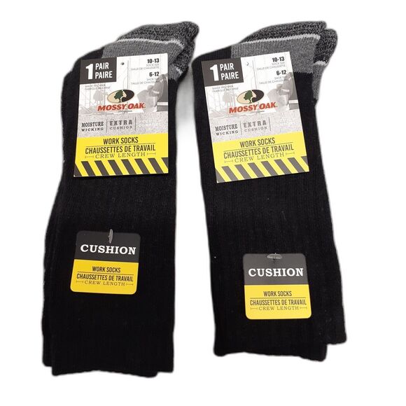 2 Pairs Black Mossy Oak Extra Cushion Work Socks Crew Length Shoe Size 6-12 - Picture 1 of 4